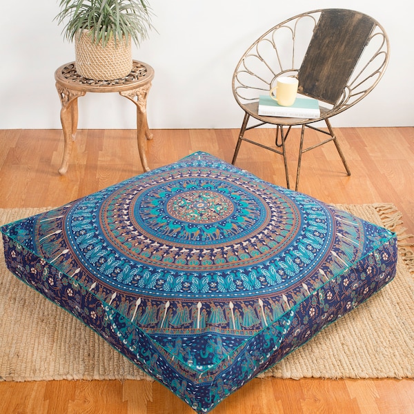 Indian Hippie Mandala Floor Pillow Cover Square Ottoman Pouf Cover Daybed Oversized Cotton Cushion Cover with Heavy Duty Zipper - 35"