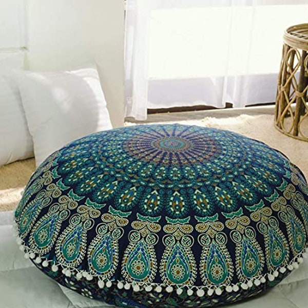 Large Hippie Mandala Floor Pillow Cover - Cushion Cover - Pouf Cover Round Bohemian Yoga Decor Floor Cushion Case- 32”