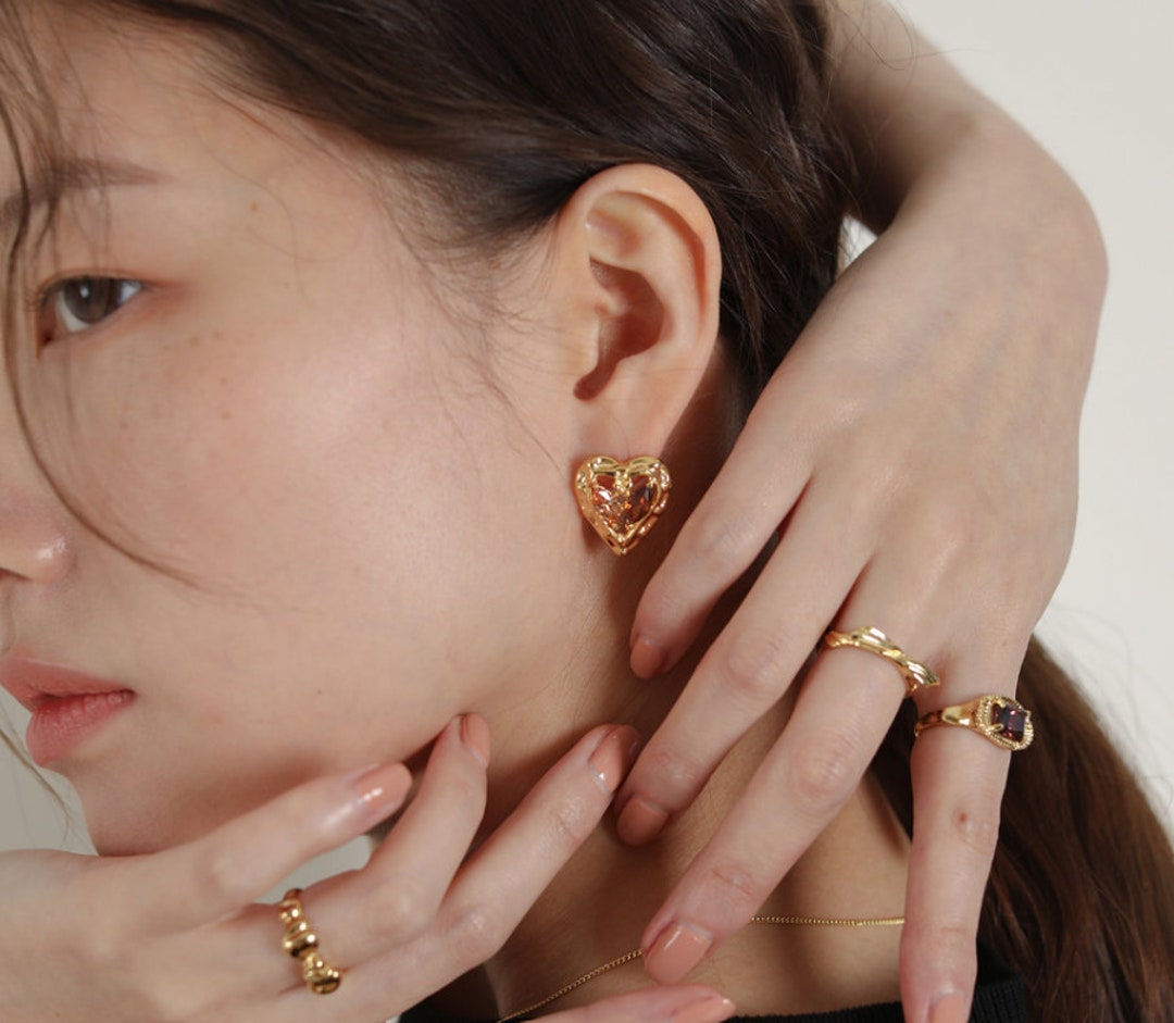 Korean Heart Earrings Seoul Design Etsy