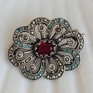 Victorian Garnet Brooch: Antique 835 Silver Marcasite & Turquoise Pin