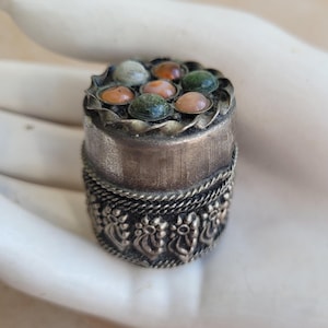 Vintage Tibetan Gemstone Pill Box: Silverplated Trinket Container