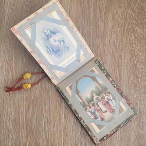 Livro de memórias religiosas antigo com cartões católicos, diário religioso vintage feito à mão com 20 santos, orações, celebrações e dedicatórias