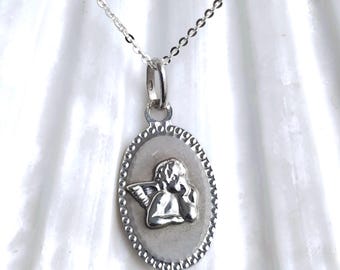 Vintage Sterling Silber Cherub Halskette: Schutzengel Charm, 44 cm Kabelkette