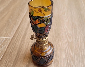 Vintage Amber Glass Oil Lamp: Small Patterned Kerosene Lamp, 1960s Decor