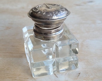 Art Deco Cut Glass Inkwell: Vintage Sterling Silver Lid, Goddaughter Remembrance