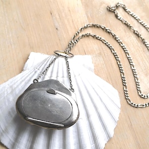 Antique Sterling Silver Powder Compact Necklace: Victorian Purse Locket, Figaro Chain