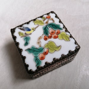 Vintage Chinese Porcelain Trinket Box: Bird & Flowers, Silver Plate