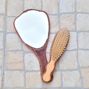 Antique Velvet hairdressing set, vintage 2 Piece Vanity Set, hand mirror and brush, wooden embroidery, Bedroom Decor, Dressing Table Set