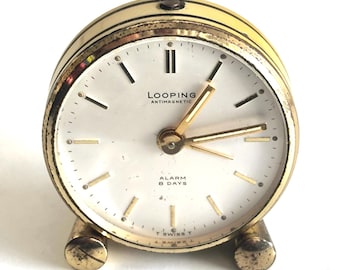 澤*氏様 LOOPING ゴールド 置時計 手巻き 1960s LOOPING 15 Jewels 8 Days SWISS Alarm Clock With Mechanical