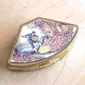 Vintage Fan-Shaped Pill Box, Victorian Garden Scene, Gold-Tone Hinged Vanity Case, Romantic Compact, Purse Medicine Holder