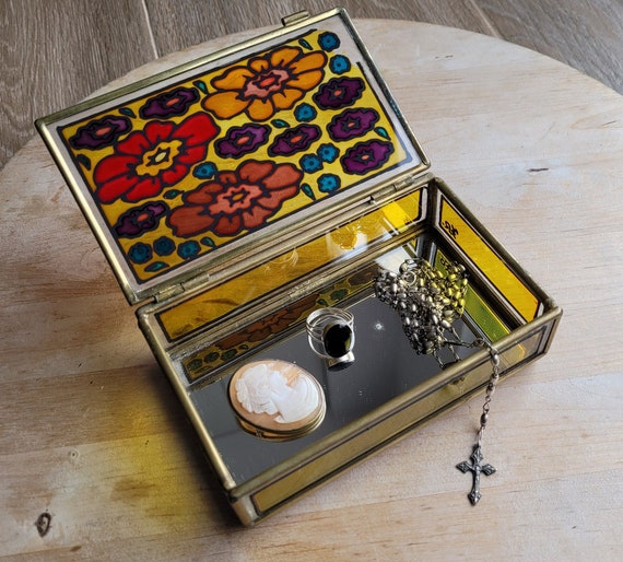 ステンドグラス底面ミラー花BOX ステンドグラス底面ミラー花BOX ヴィンテージステンドグラス