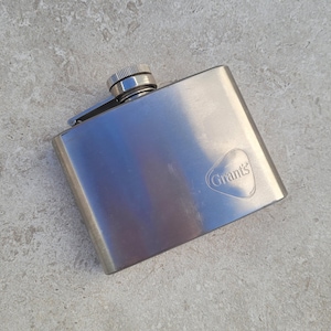Grant's hip flask, vintage Grants scotch whisky advertising stainless steel 4 oz Jacket Pocket Flask, minimalist Hinged Captive Top