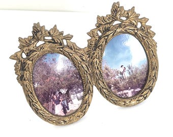 Vintage Brass Double Photo Frame, Oval Floral Tabletop 1950s Large Standing Frame