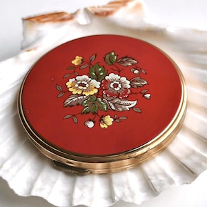 Vintage Cream Powder Compact, 1960s/70s Red Floral Case with Mirror – Gold Tone, Powder Puff, Decorative Vanity Box