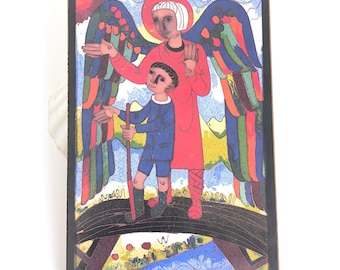 Houten plaquette vintage beschermengel, Egino Weinert Art, religieus wanddecoratie jaren 90