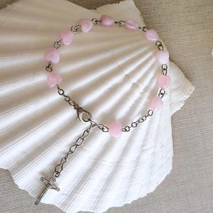 Pulseira de rosário vintage com contas de quartzo rosa e coração: Catholic Decenary