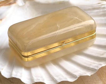 Caja de pastillas de celuloide de los años 70, estuche color crema jaspeado, tono dorado, almacenamiento vintage para baratijas