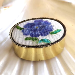Golden Oval Pill Box with Blue Enamel Flower, Vintage Small Trinket Case, Romantic Vanity or Purse Accessory, Collectible Mini Box