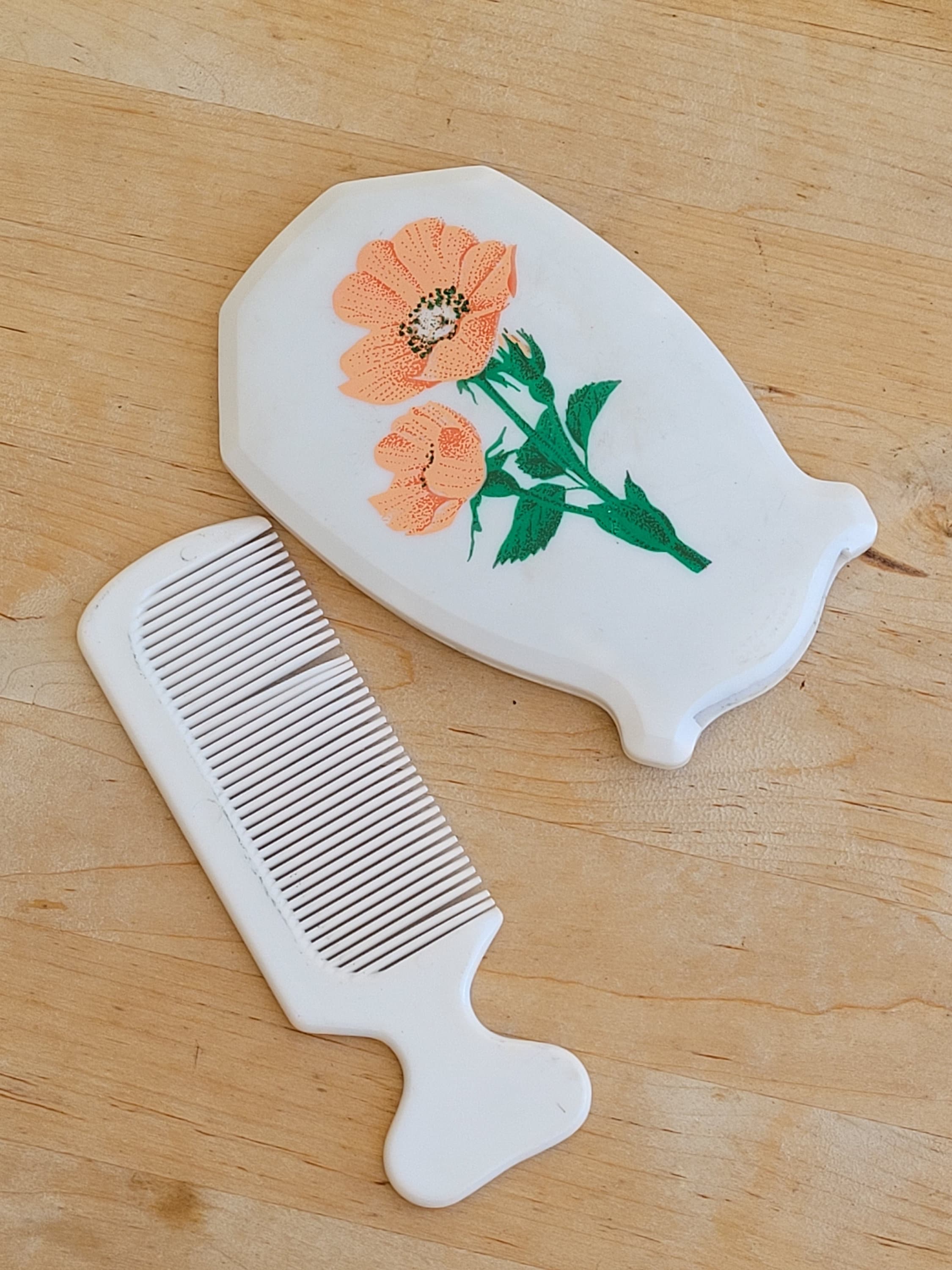 Handmade Vintage Floral Hand Mirror and Comb Set from India - New, never used Vintage Maniya Mirror & Comb Box Set with Enameled Peacock  main image 2