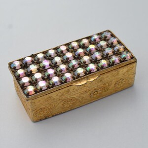 Crystals and Brass Pill Box, Vintage Hinged Rhinestones Snuff Holder, Imposing Portable Medicine Drugs Container, Collectible boho decor,