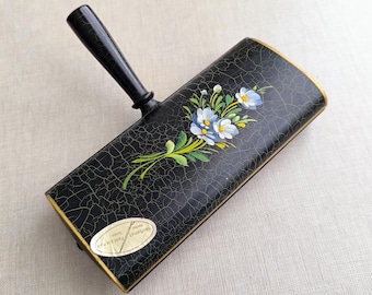 Black & Floral Suisse Crumb Brush, Vintage Rolling Brush with Handle Handpainted, Office silent butler table, Crumb Sweeper with Handle