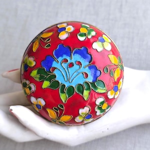 Vintage Cloisonné Enamel Trinket Box: Floral Brass Keepsake, 1970s Boho Decor