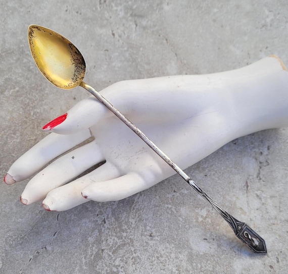 Art Nouveau Silver Cocktail Spoon: Antique Portuguese Vermeil Bar