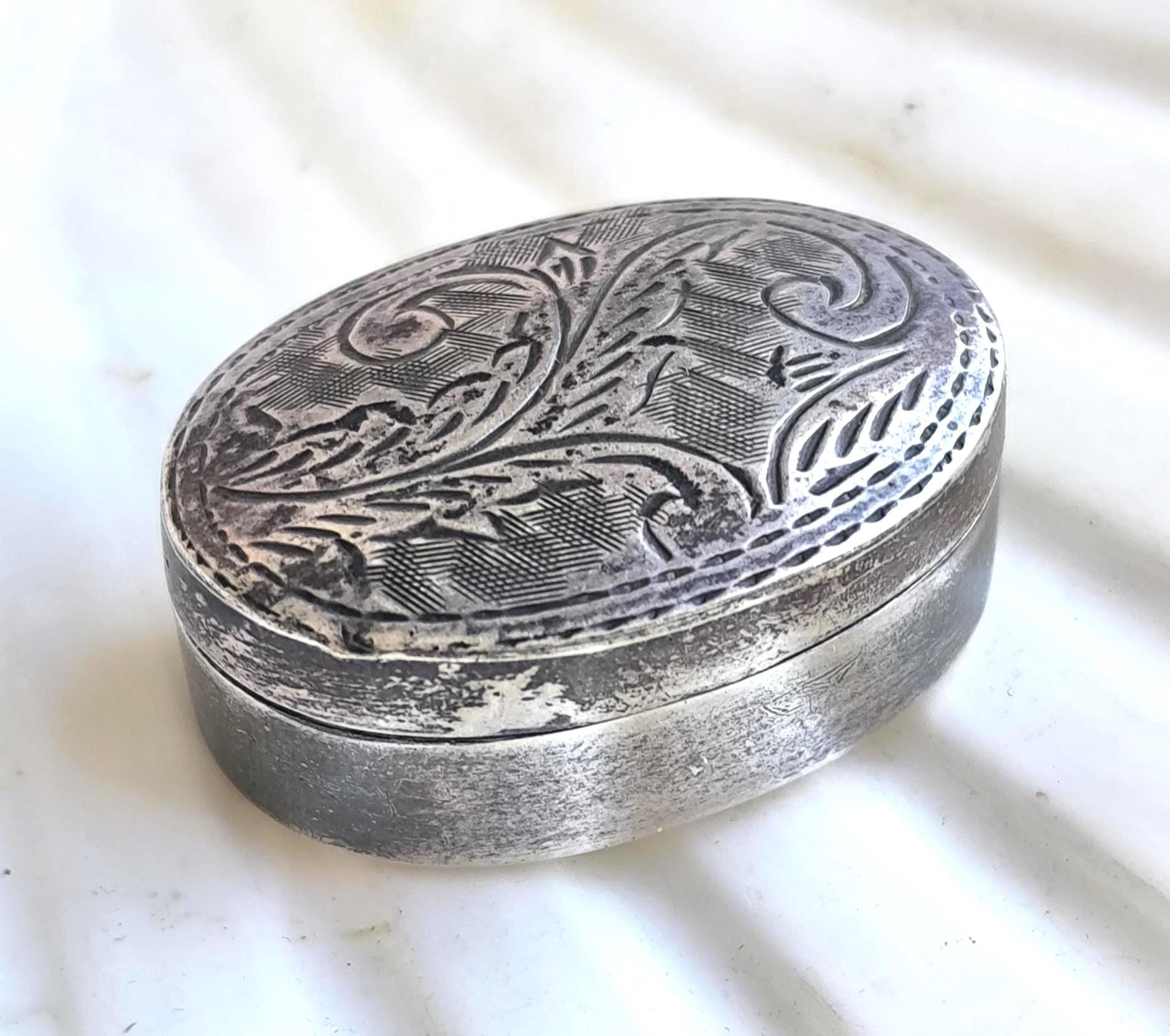 Vintage Sterling Silver Oval Pill Box – 1980s Engraved Chased Lid