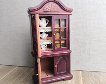 Vintage Miniature Wooden Cabinet with Porcelain Tea Set - Dollhouse Furniture