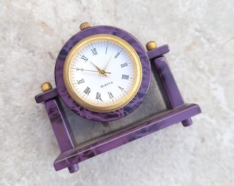 Vintage Miniature Purple Quartz Clock, Tiny Table or Desk Decor, Dollhouse Collectible, Metal Clock Ornament, Not Tested