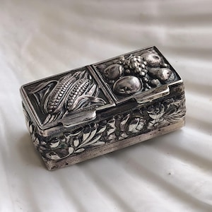 Antique Double Sterling Silver Pill Box, Vintage Rectangular Two Compartments 925 Silver Medicine Drugs Container, Wheat Floral Fruit Box