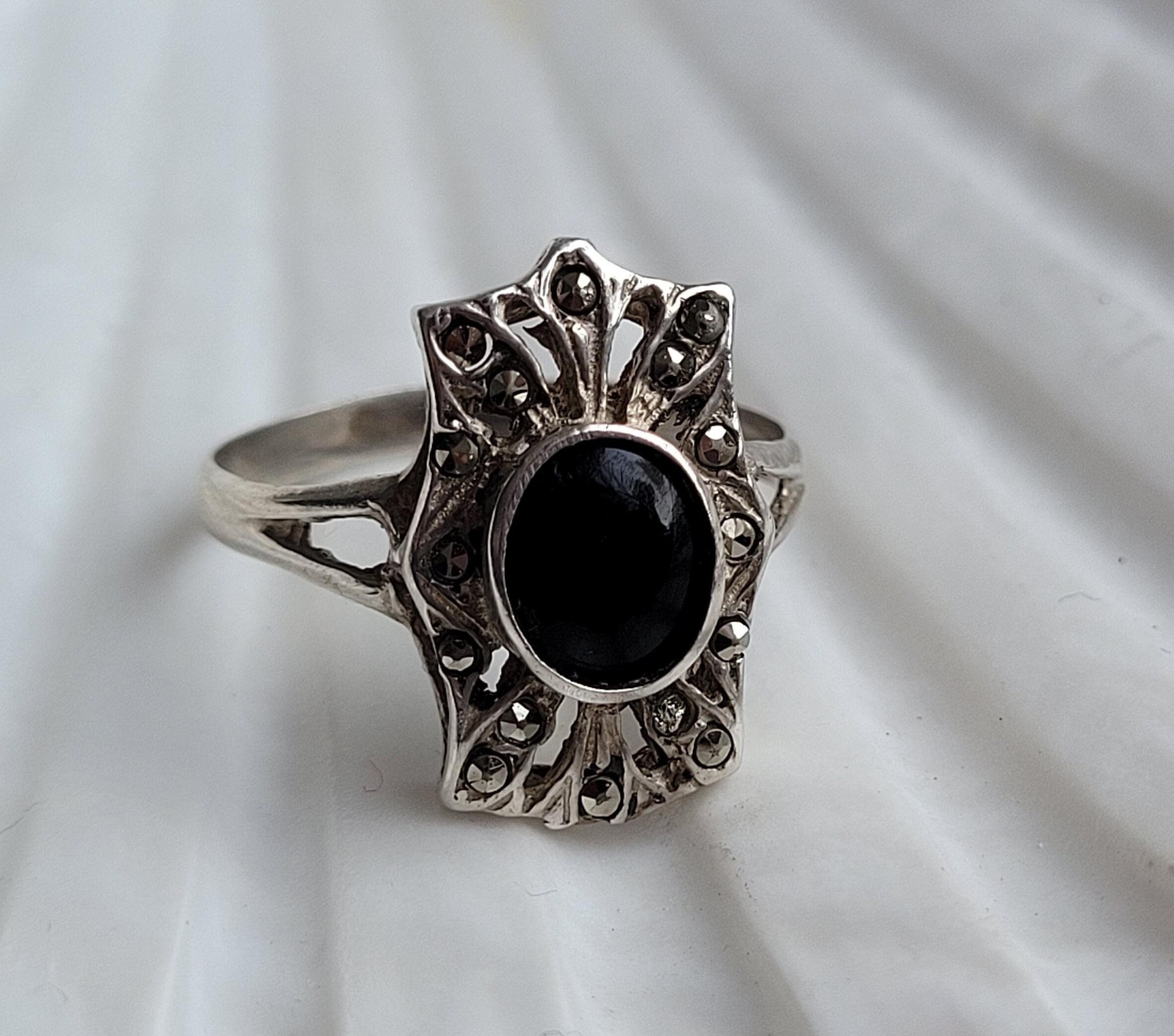 スペシャル特典 Silver Ring Onyx Deco Art Marcasite, Gemstone Black Vintage アクセサリー