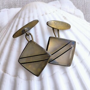 Vintage Brass Cufflinks: Striped Faux Mother of Pearl Square Cuff Links