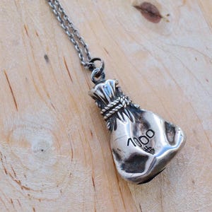 Collana in argento sterling Money Bag, ciondolo vintage Dollar 925 su catena Rolo 55 cm, ciondolo portafortuna, regalo di gioielli, gioielli unisex