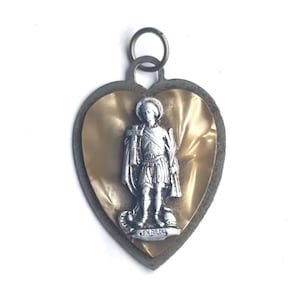 Saint Expedit Medallion Pendant, Vintage Mother of Pearl Heart Religious Charm, Catholic Devotional Jewelry, Collectible Faith Charms