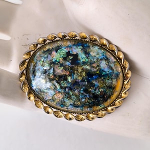 Art Deco Opal Brooch, Antique Oval Domed & Metal Lapel Pin, Large Blue /Green Gold Tone Collar Pin, Vintage Jewelry, Imposing Brooch