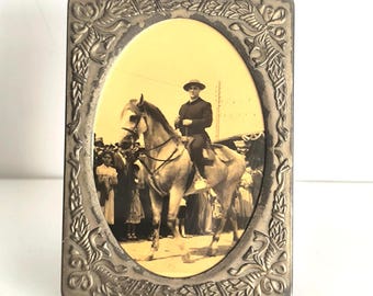 Vintage 1940s Ornate Metal Photo Frame Oval Opening Aged Patina Decorative Stand
