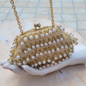 Mini bolso de perlas y oro, clutch antiguo pequeño con cuentas, accesorios glamurosos de los años 40, pequeño bolso brillante, bolso de noche
