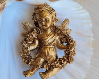 Vintage Golden cherub ornament, small angel wings and wreath of flowers to hang, Ornaments, antique home decor, Christmas adornment