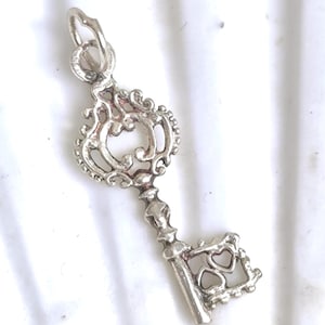 May include: Silver-colored key pendant with an ornate design. The key features a decorative top with swirling patterns and a keyhole-shaped opening. The key's bit has heart-shaped cutouts. The pendant is suspended from a small loop.