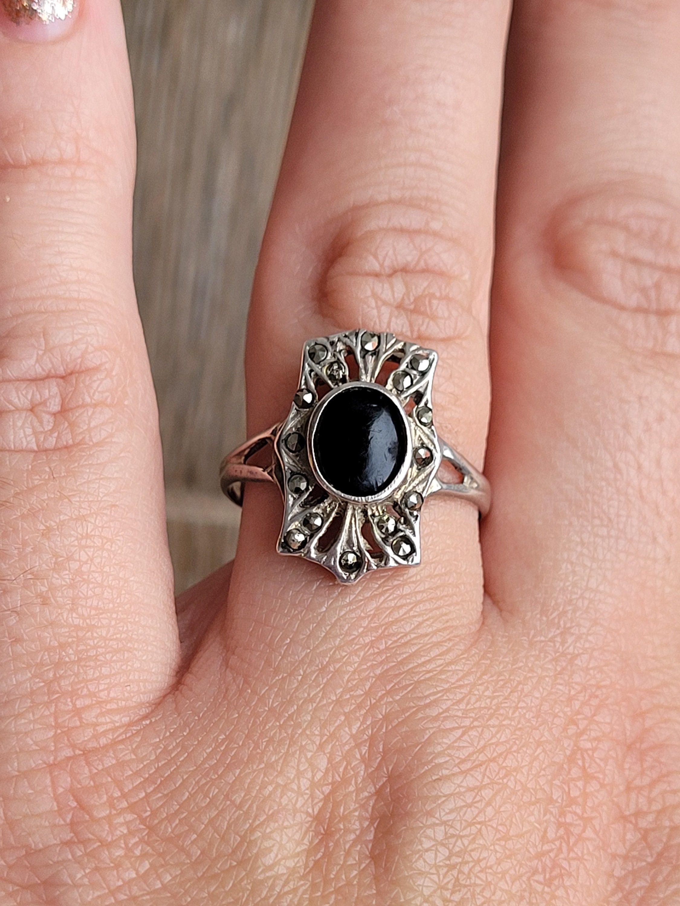 Art Deco Onyx Ring Silver Marcasite, Vintage Black Gemstone