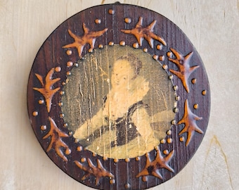 Plaque en bois d'art populaire vintage, tenture murale rustique, décor de portrait cottagecore