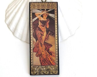 Vintage Alfons Mucha Morning Star Mini Wall Plaque, Art Nouveau Black Wood Decor 1950s