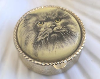 Vintage Cat Pill Box Gold Tone Acrylic Lid 1990s Round Trinket Kitty Case