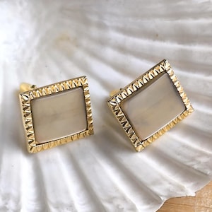 1980s Gold Cufflinks, Rectangular Vintage Buttons with Faux Mother of Pearl Inlay, Gentleman&#39;s Jewellery