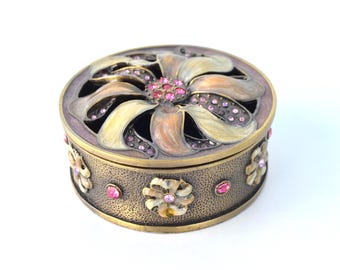 Vintage Enamel Rhinestone Trinket Box: Pink & Purple Floral Jewelry Holder