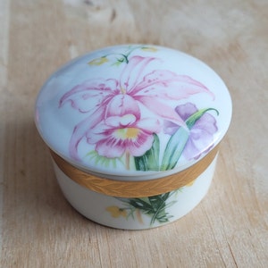 Vintage Japanese Porcelain Trinket Box: Pink & Purple Floral Jewelry Storage