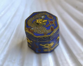 Vintage Cloisonne Dragon Pill Box: Octagonal Enamel Trinket Container