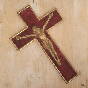 Antique Brass & Velvet Wall Crucifix, Religious Cross INRI to Hang, Catholic Memorabilia