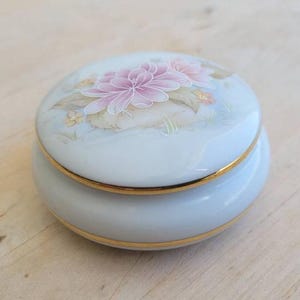 Floral Round Jewelry Box, Vintage white flowers portuguese porcelain trinket container, collectible home decor